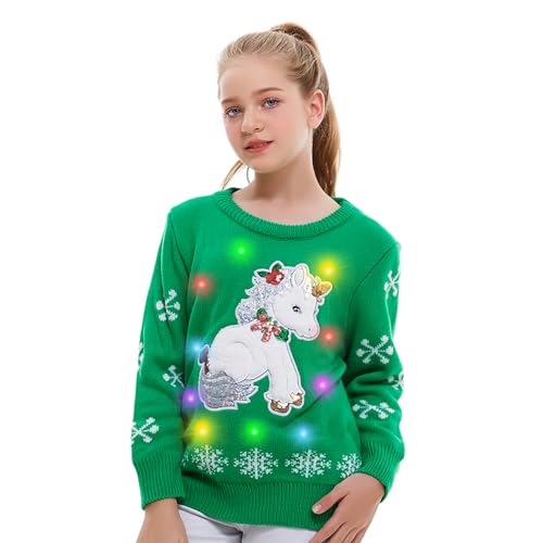 Unicorn Sweater Girls, Light Up Ugly Green Christmas Pullover Teen Kids Boys, Holiday Xmas Sweatshirt Tops Youth Child, 1416