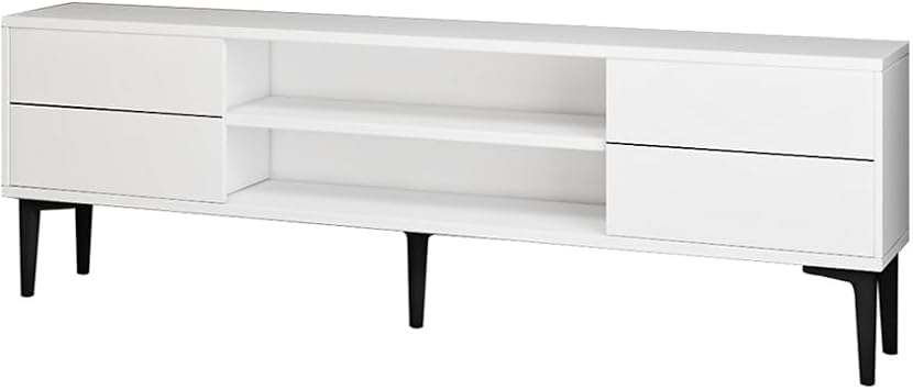 Aragon Modern TV Stand – 140 cm, TV Unit with 2 Covers + 2 Open Shelves, Black & White Color Options, White