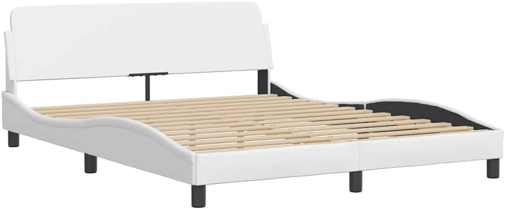 Bed Frame Viana White Faux Leather Platform Bed 59.8"x79.9" with Slatted Foundation and Headboard Sturdy Durable No-Box-Spring-Needed Modern Bedroom Furniture