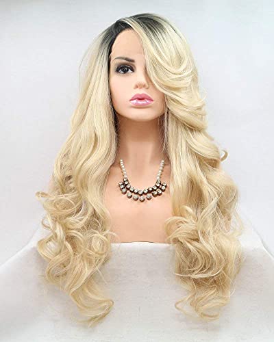 Ombre-Blonde, klebefreie Perücke mit Spitzenfront, 2 Farbtöne, hellbraune Wurzeln, lange natürliche Wellen, hitzebeständig, halb handgebunden (61 cm, Ombreblonde/Lace-Front-Perücke) Cover