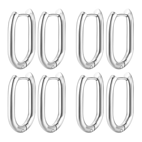 Mochity 4 Paires Boucles d'Oreilles Ovales Pour Femmes, Boucles d'Oreilles Créoles En Acier Inoxydable, 16-25mm Creole Ovales, Créoles Or Argent, Bijoux Femme (Argent,...