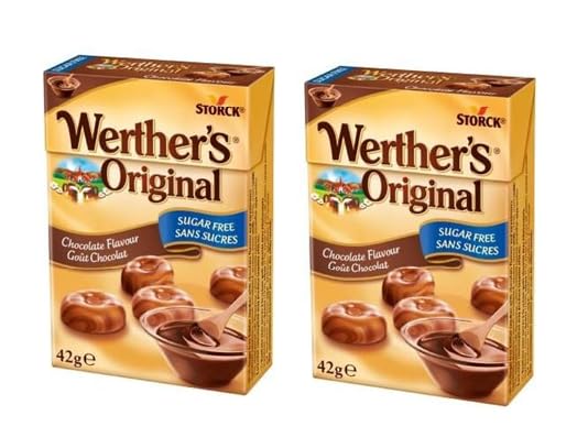 Werthers Original Sugar Free Chocolate Flavour Candy – German Candies, Low Calorie Treat, Pocket Pack 42g Pack of 2 (Germany)