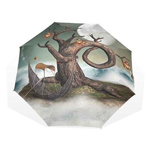 Preisvergleich Produktbild LASINSU Regenschirm,Surrealer blattloser Baum mit Laternen und Vollmond magischem WolkenhügelFaltbar Kompakt Sonnenschirm UV Schutz Winddicht Regenschirm