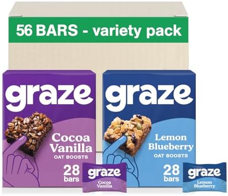 Graze Oat boosts, 28 x Cocoa Vanilla bars & 28 x Lemon Blueberry Superfood, Total 56 units of Vegetarian Bundle