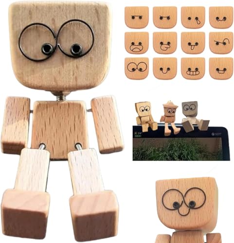 Simsky Charming Small Wooden Figure, Shaking Wooden Man Figure, Wobble Man with Wobble Feet That Swaying with 12 Magnetic Expressions, Handmade Wiggling Feet Wooden Doll Car Ornaments