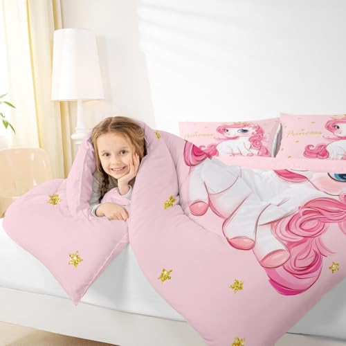Image of Erosebridal Pink Unicorn King Bed Comforter Set for Girls | Kawaii Princess Unicorn Bedding Set Cute Stars Reversible Bed Sets Girly Cartoon Horse Quilt Comforter Fantasy Girls Room Decor,3 Pcs