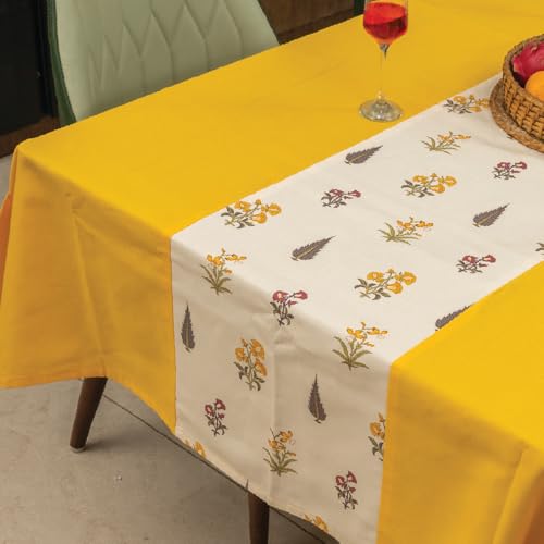 Image of Urban Space Cotton Rectangular Dining Table Cover for 4 Seater, Table Cloth with Panelled Design, 4 Seater Cotton Table Cover (High Garden Yellow, 4 Seater, 52 inch x 72 inch)