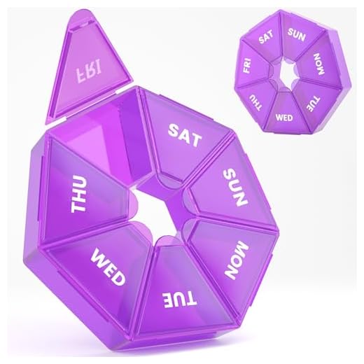 Weekly Pill Organizer, 2 Pack Portable Pill Box Medicine case 8 Colors (Seven Day) New Edition for Vitamin/Fish Oil/Pills/Supplements-Arthritis Friendly (Purple)