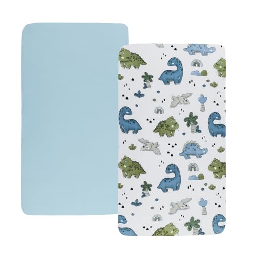 Image of Stretchy Fitted Crib Sheets Set 2 Pack Portable Crib Mattress Topper for Baby Girl Boy,Ultra Soft Jersey Material, Light Blue & Dinosaur
