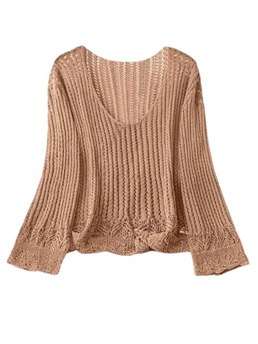 SHENHE Women's Fall V Neck Sweater Crochet Hollow Out Lightweight