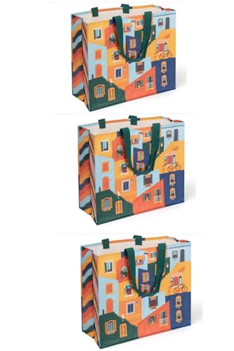 Sacola Retornável para Mercado e Feira, Colorida, Design Casas Urbanas, Grande, 40cm, Kit com 3 Unidades