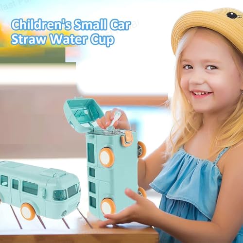 Image of Zollyss Kids Water Bottle with Straw, Cartoon Bus Design, 500ml Capacity, One-Button Press Lock (Green)