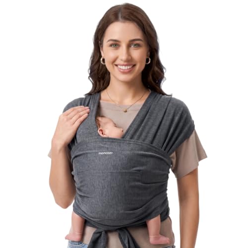 Image of Momcozy Baby Wrap Carrier, Easy-On 2-Piece Design, Newborn to 33 lb | Easy On Like a T-Shirt, XXS-XXL Adjustable Fit, IHDI Hip-Healthy, Lightweight Hands-Free Comfort Baby Sling, Deep Grey