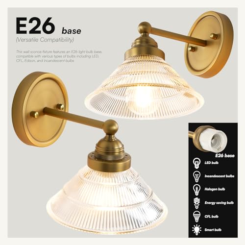 Image of Vintage 1-Light Wall Sconce with Clear Ribbed Glass Shade, Industrial Hardwired Wall Light Fixture for Bedside Living Room Vanity Bathroom Hallway