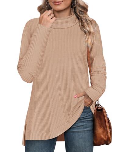 Image of RITERA Women's Plus Size Waffle Tops Long Sleeve Turtleneck Sweater Shirts Knit Tunic Oversized Casual Pullover Blouse XL-5XL