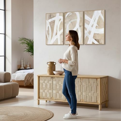 Image of Zessonic Neutral Abstract White Brown Pastel Textured Wall Art,16 inchx24 inchx3 | Minimalist Paint Strokes Shapes Textured Framed Wall Decor Large Canvas Paintings- Living Room Bedroom Office Modern Neutral