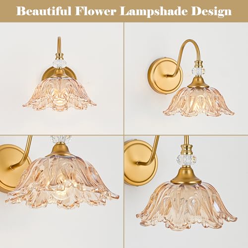 Image of 1 Piece Vintage Wall Sconce with Floral Amber Glass Shade, Matte Brass Finish Wall Sconce for Bathroom,Vintage Bathroom Vanity Light Fixture