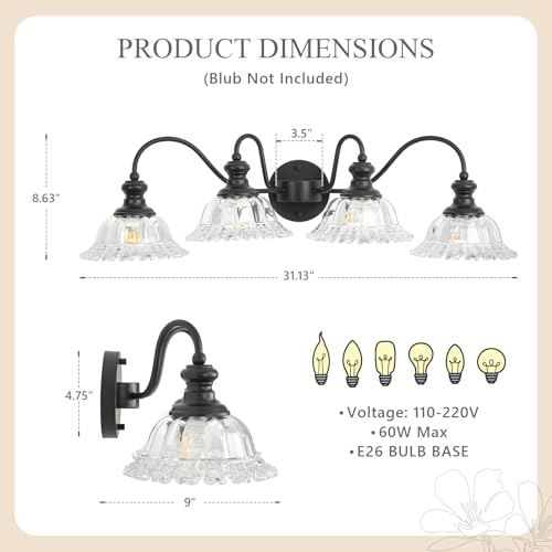 Image of 4 Lights Black Vintage Bathroom Vanity Light Fixture Over Mirror | Floral Transparent Glass Shades,Antique Wall Sconces,Wall Mount Up or Down, E26 Socket, Hardwired, 120V