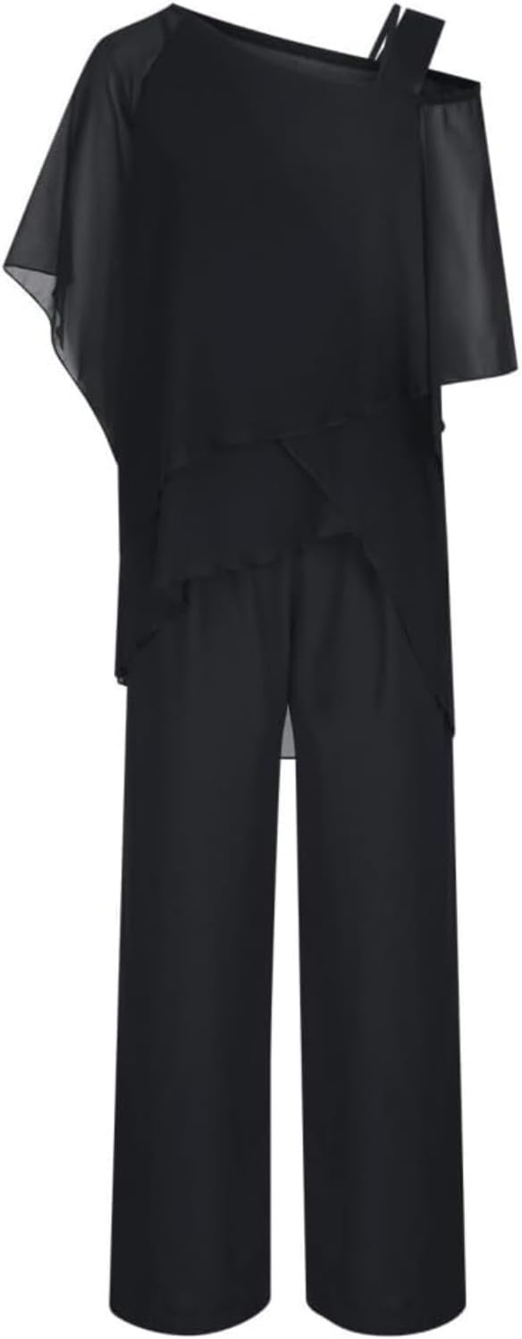 Mother of the Bride 2 Piece Chiffon Pant Suit Cold Shoulder Batwing Sleeve Top & Wide Leg Pants Irregular Hem Dressy