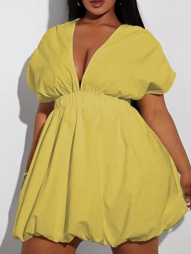 Image of WDIRARA Women's Plus Size Deep V Neck Bubble Dress Short Sleeve A Line Mini Dresses