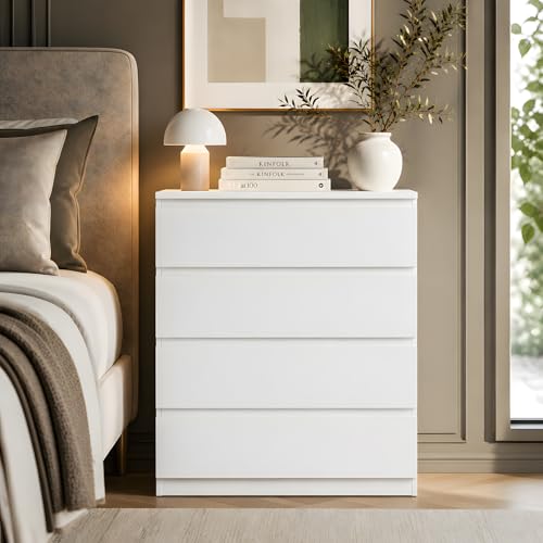 GOKHOMX Cómoda 4 Cajones Blanca 60 cm sin Asas, Mueble de Almacenaje Multifuncional para Dormitorio de Adultos y Niños, Aparador Moderno con Antivuelco, Ahorra Espacio 40 cm de Fondo