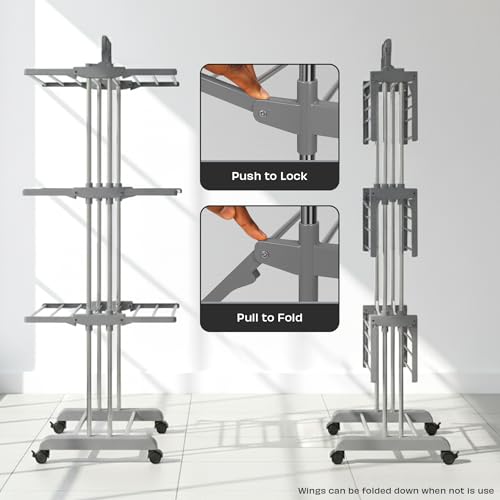 Image of ZOLMIX 3 Tier Stainless Steel Foldable Clothes Drying Stand Compact | Portable Cloth Dryer for Balcony /Indoor /Space Saving Cloth Hanger Stand with 24 Rods /Big Foldable Rack with Wheels (Grey)