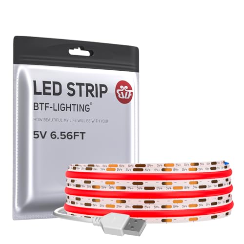 BTF-LIGHTING USB FCOB COB Rouge Bande LED 2M 640LEDs Haute Densité 5V Flexible Ruban LED Ultra Bright CRI90+ pour Rétroéclairage TV Salon, Cuisine, Bureau...