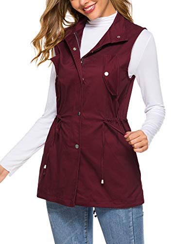 UUANG Women's Lightweight Military Vest Sleeveless Safari Utility Jacket with Pockets Wine Red