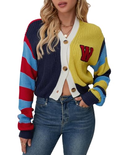 CHARTOU Women's Colorful Letter Cable Knit Sweaters Cardigan V Neck Button Down Color Block Y2k Outfits 2024