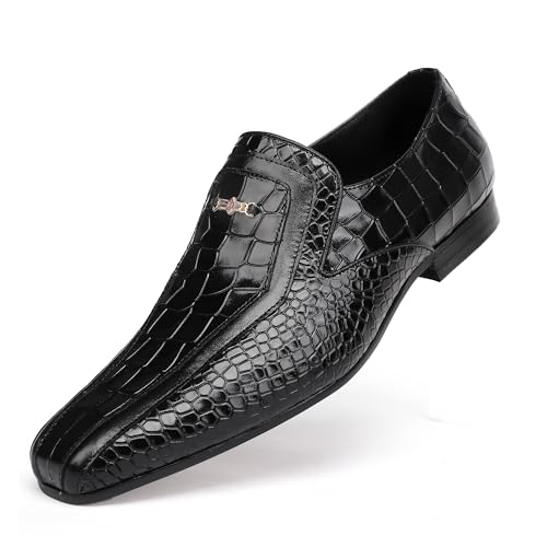 Black Formal Leather Dress Loafer for Mens, Premium Alligator Printed Dress Shoes with Buckle Business Wedding Penny Loafer Shoes