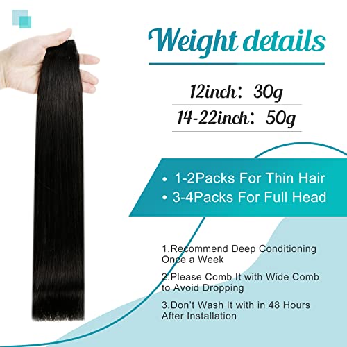 Fshine Extensões de cabelo cabelo humano preto 50 cm, extensões de cabelo de pele preta natural, fit