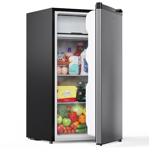 Image of Upstreman 3.2 Cu.Ft Mini Fridge with Freezer, Single Door Compact Refrigerator, Adjustable Thermostat, Small Refrigerator for Dorm, Bedroom, Office, Stainless Steel-SR321
