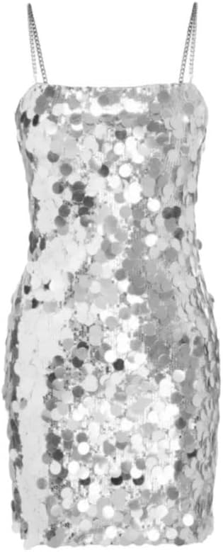 Maxi Dress, Womens Summer Sparkly Sequins Bodycon Mini Dress Sexy Sleeveless Metal Chain Straps Club Party Evening Gown Dresses Silver