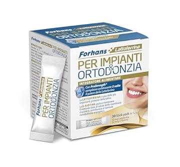 Forhans, Integratore Alimentare per Impianti & Ortodonzia, con Lattoferrina, D-Biotina e Prostrength, Azione Antibatterica per Cavo Orale, Senza Glutine, 30 Stick