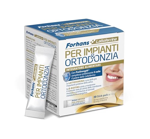 Forhans, Integratore Alimentare per Impianti & Ortodonzia, con Lattoferrina, D-Biotina e Prostrength, Azione Antibatterica per Cavo Orale, Senza Glutine, 30 Stick