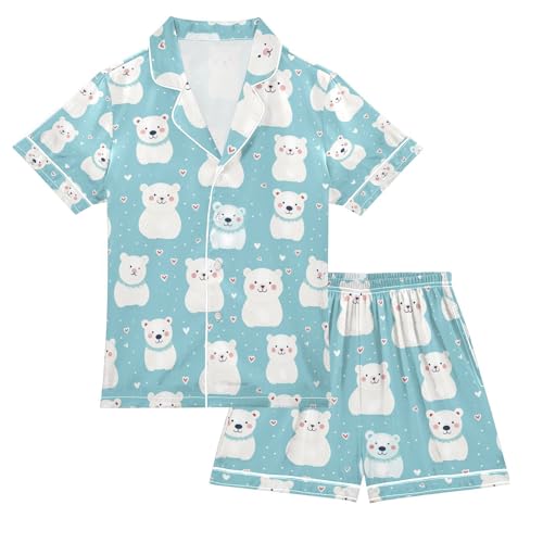 senya White Bear Heart Satin Summer Pajama Sets Silk Short Sleeve Button Down Sleepwear