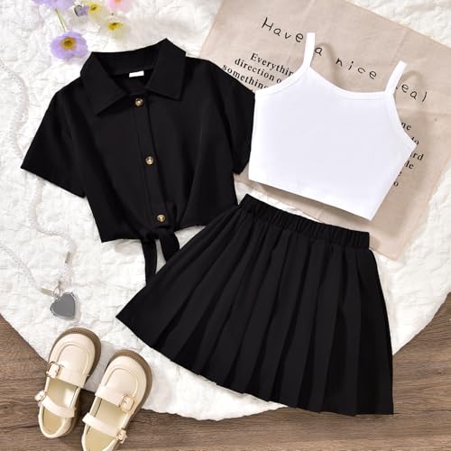 Image of HIHA Girls 3 Piece Outfit Cami Crop Tops Skirt Set with Button Down Shirts Size 6-12