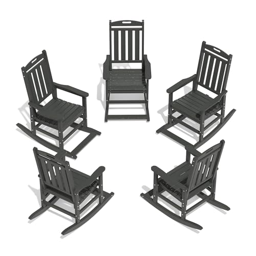LOUNZY Outdoor Rocking Chair with Footboards Set of 5, HDPE Rocking Chair Patio Porch Rocker with 380lbs Support for Adult, Grey Set of 5 Grey