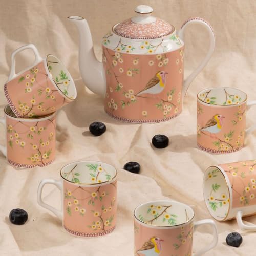 Image of GOLDEN QUEEN'S Handcrafted Tea Cups & Kettle - Set of 6 Cups & 1 Kettle | Ideal for Everyday Tea and Coffee, Hosting Tea Service with Friends & Family - Birdie in Pink