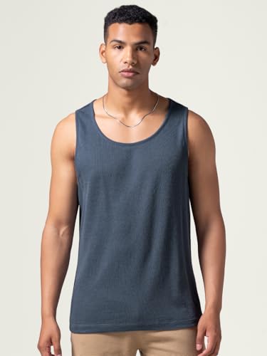 Image of DAMENSCH Relaxed Fit Cotton Rich Blend Waffle Texture Anti- Bacterial Super Premium Solid Tank Top Gym T Shirts for Men Pack of 1