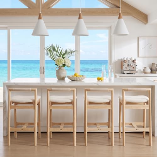 Scingu boho counter stools set of four in beige linen with natural wood legs — shows the four-seat matched set for a longer island