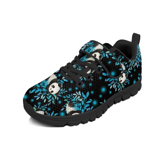 Boys Girls Sneakers Kids Breathable Lightweight Strap Tennis Athletic Running Shoes Panda Blue Plant Pattern