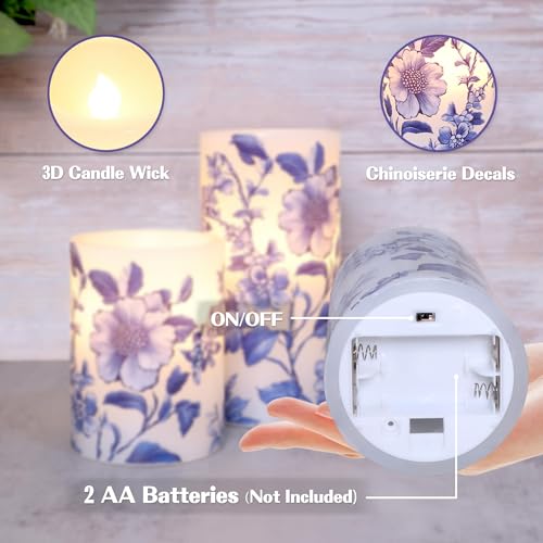 Image of Crystal Club Chinoiserie Decor Flameless Candles Blue and White Porcelain Floral Battery Operated LED Pillar Candles with Remote & Timer Real Wax Candles Floral Decor for Home Wedding Centerpiece