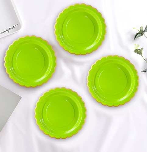 Image of HEIPINIUYE 50 Pieces Lime Green Paper Plates with Gold Foil 7 Inch Disposable Lime Green and Gold Scalloped Dinner Plates for Wedding Baby Shower Birthday Party Dessert Plate