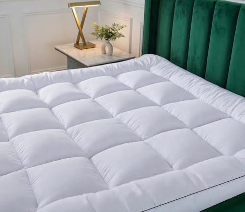 Extra Thick Single Mattress Topper Heavy Filling (2Inch/5 cm) Quilted Soft Supportive Fluffy Breathable Box Stitched Mattress Pad Strong Corner Elastic Straps Machine Washable (Single)