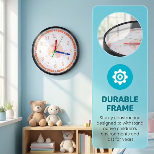 Joyan Wanduhr Kinder für Jungen und Mädchen, Lernuhr Kinder mit Buntem Ziffernblatt, Wanduhr Kinderzimmer Lautlos, Frühförderungsuhr zum Lernen, Ohne Tickgeräusche, Einfach zu Lesen, 20cm