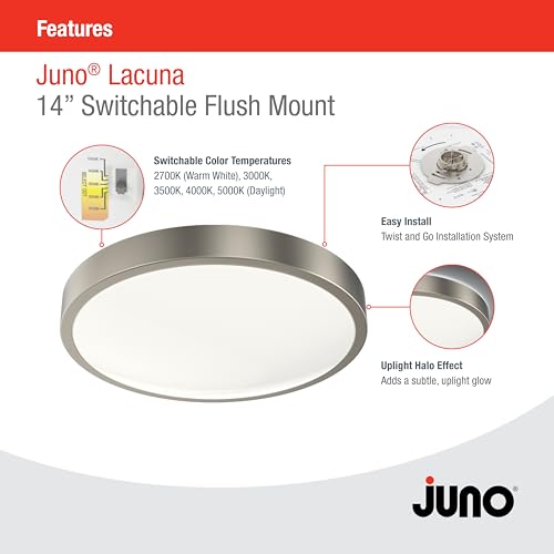 Juno 14 Inch Round LED Flush Mount Ceiling Light, Lacuna Series Low Profile Modern Ceiling Light Fixture, 5-in-1 Switchable White Color Temperature, Dimmable, Brushed Aluminum by Juno - Used condition - Image 3