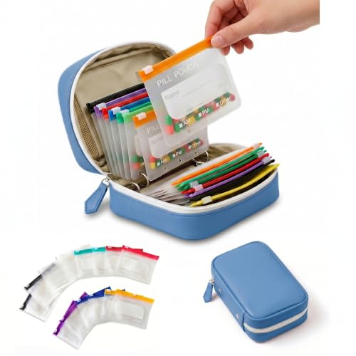 NeLiangIA Royal Blue Waterproof Pill Organizer, Large Capacity Travel Medicine Organizer with 14 Color Pouches, Pastilleros para Medicamentos, Portable Travel Pill Organizer for Family & Long Travel