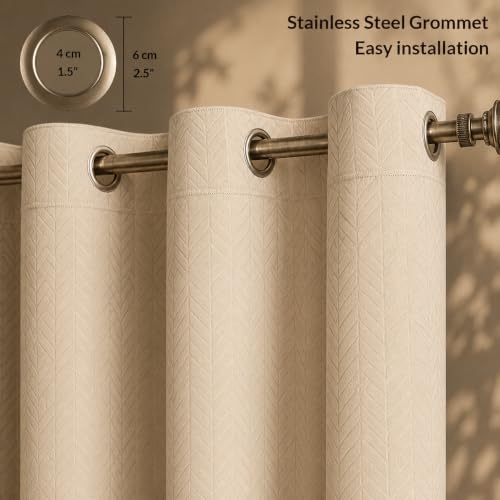 Image of LINENWALAS 100% True Blackout Door Curtains 7.5 Feet Long Set of 2 |Embossed Herringbone Leaf Design |Room Darkening Curtain |Thermal Insulated Curtains for Living Room, Bedroom (129 x 229 cm, Beige)