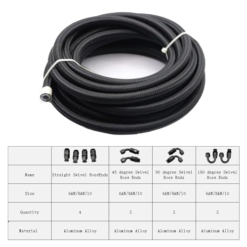 Image of SecosAutoparts 8AN-20FT Fuel Line Hose Kit 8AN-20FT Nylon Braided Fuel Line Hose Fitting with 10 Pcs Swivel Fuel Hose Fitting Adapter Kit
